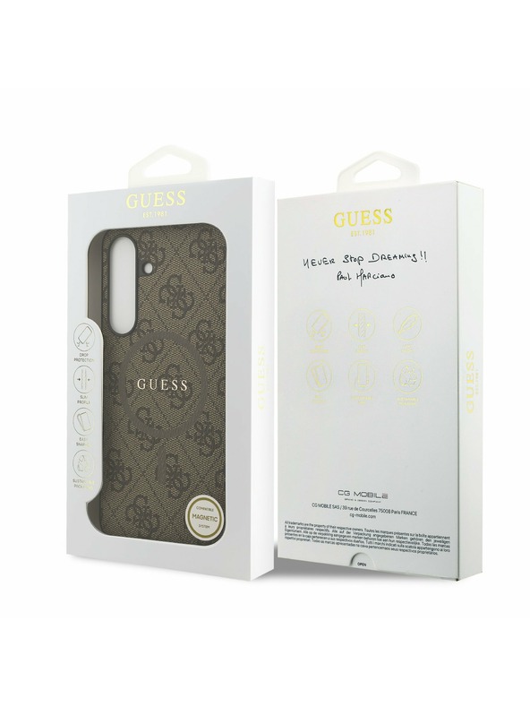 Guess Guess PU Bőr 4G Színes Gyűrű MagSafe Hátlap Samsung Galaxy S25 FE Barna