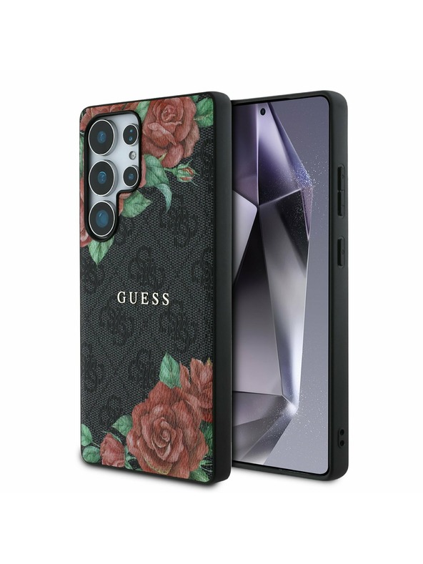 Guess Guess PU Bőr 4G Virágminta Fém Klasszikus Logo MagSafe Hátlap Samsung Galaxy S25 Ultra Fekete