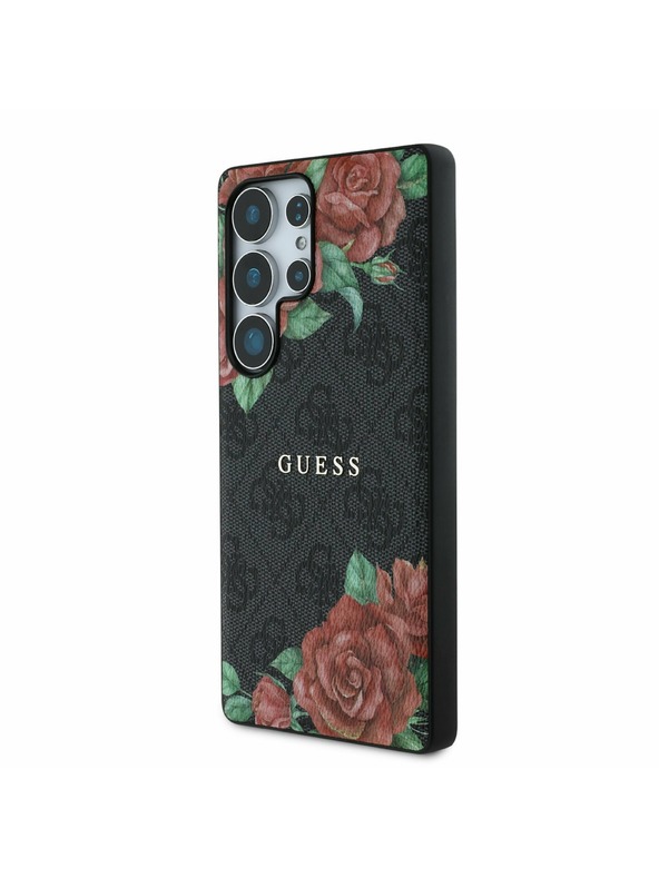 Guess Guess PU Bőr 4G Virágminta Fém Klasszikus Logo MagSafe Hátlap Samsung Galaxy S25 Ultra Fekete