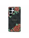 Guess Guess PU Bőr 4G Virágminta Fém Klasszikus Logo MagSafe Hátlap Samsung Galaxy S25 Ultra Fekete