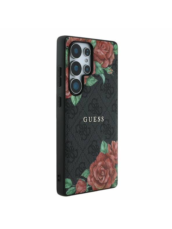 Guess Guess PU Bőr 4G Virágminta Fém Klasszikus Logo MagSafe Hátlap Samsung Galaxy S25 Ultra Fekete