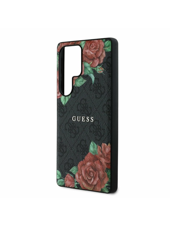 Guess Guess PU Bőr 4G Virágminta Fém Klasszikus Logo MagSafe Hátlap Samsung Galaxy S25 Ultra Fekete