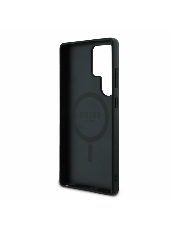 Guess Guess PU Bőr 4G Virágminta Fém Klasszikus Logo MagSafe Hátlap Samsung Galaxy S25 Ultra Fekete