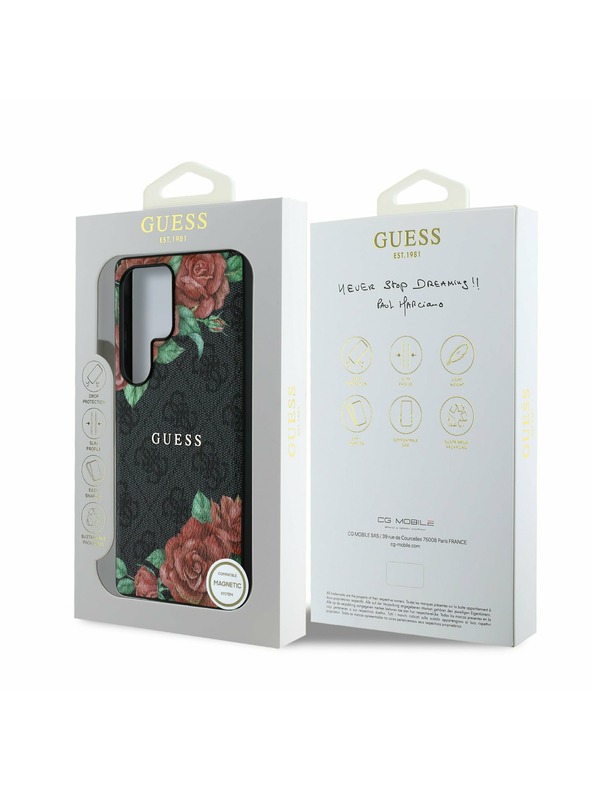 Guess Guess PU Bőr 4G Virágminta Fém Klasszikus Logo MagSafe Hátlap Samsung Galaxy S25 Ultra Fekete
