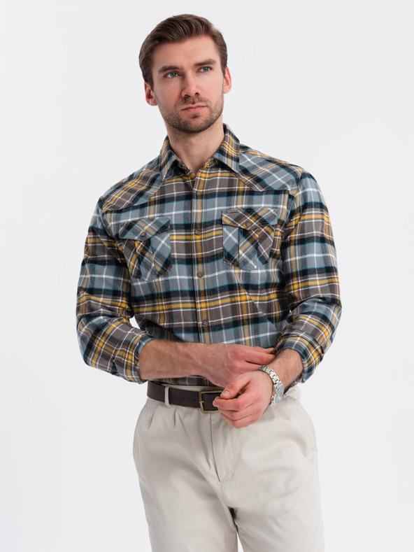 Ombre Clothing Narancssárga és szürke férfi flanel ing Ombre Clothing