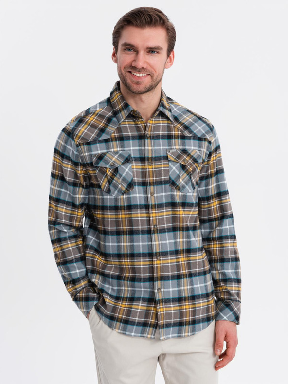 Ombre Clothing Narancssárga és szürke férfi flanel ing Ombre Clothing