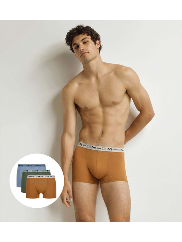 DIM DIM GOTS COTTON STRETCH BOXER 3x - Férfi biobamut boxeralsó 3 db - narancssárga - sötét zöld - világos barna