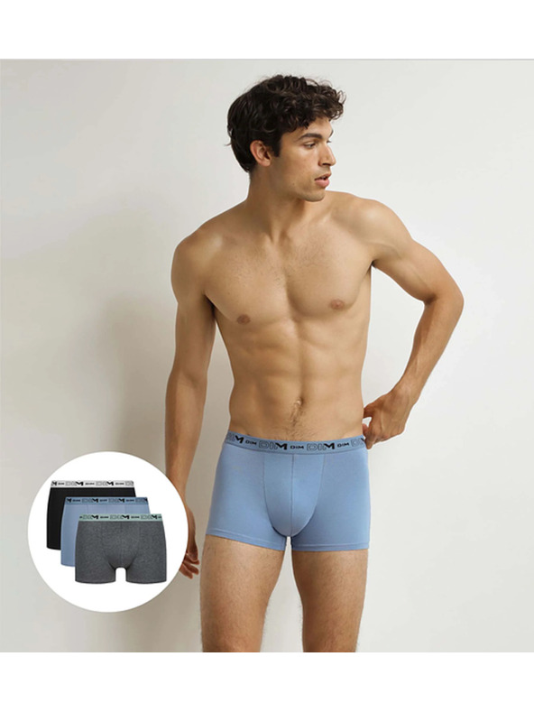 DIM DIM GOTS COTTON STRETCH BOXER 3x - Férfi biobamut boxeralsó 3 db - szürke - kék - fekete