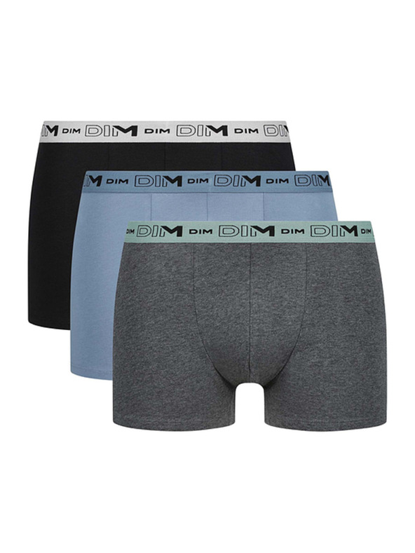 DIM DIM GOTS COTTON STRETCH BOXER 3x - Férfi biobamut boxeralsó 3 db - szürke - kék - fekete