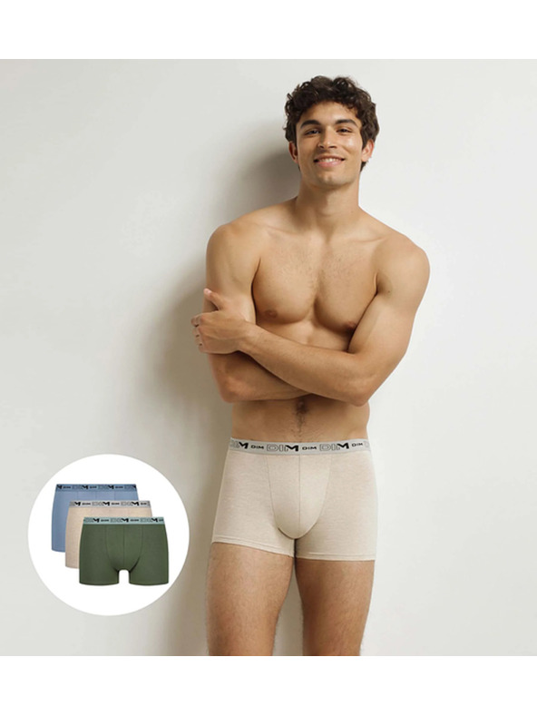 DIM DIM GOTS COTTON STRETCH BOXER 3x - Férfi biobamut boxeralsó 3 db - zöld - világos barna - világos kék