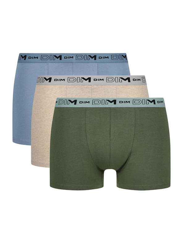 DIM DIM GOTS COTTON STRETCH BOXER 3x - Férfi biobamut boxeralsó 3 db - zöld - világos barna - világos kék