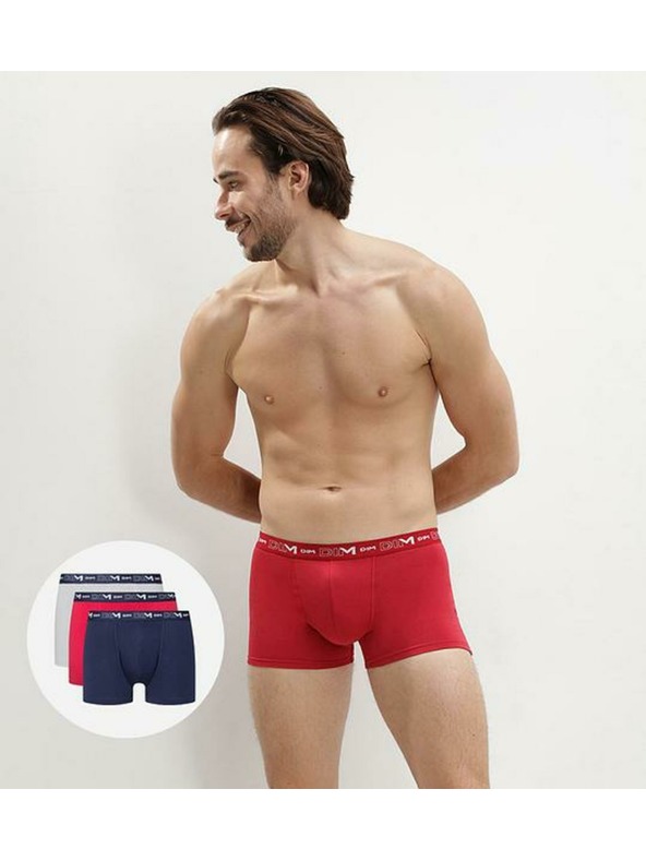 DIM Három darabos férfi boxeralsó készlet sötétkék, piros és világosszürke színben Dim COTTON STRETCH BOXER