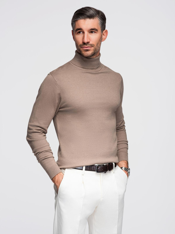 Ombre Clothing Férfi kötött garbó viszkózzal - sötétbézs V3 OM-SWTN-0127 Ombre Ruházat OM-SWTN-0127 Ombre Clothing