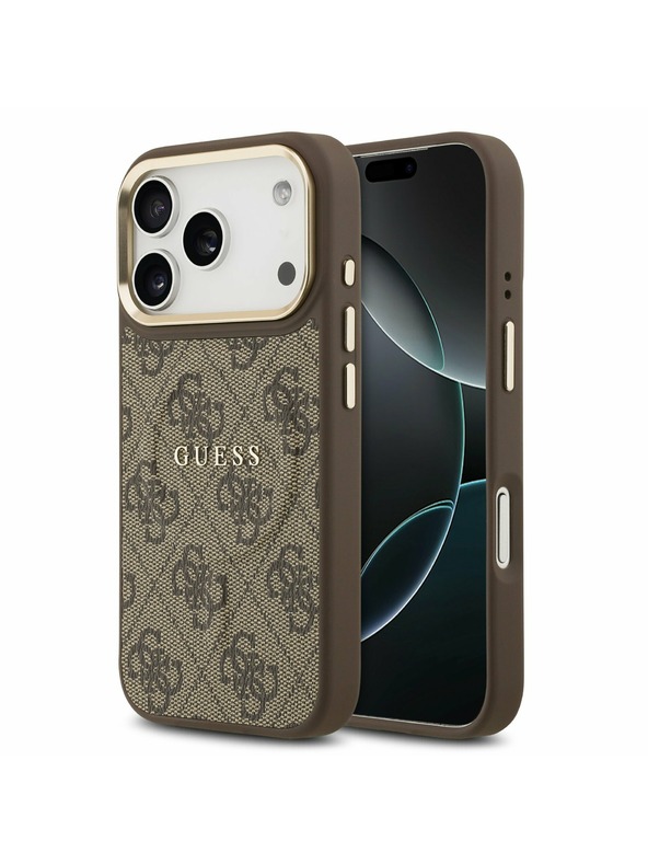 Guess Guess PU Leather 4G Gold Frame MagSafe Hátsó Tok iPhone 17 Pro-hoz Brown