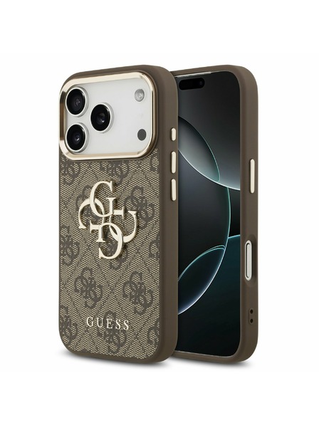 Guess Guess PU Leather 4G Metal Logo Gold Frame Hátlap iPhone 17 Pro-hoz Brown