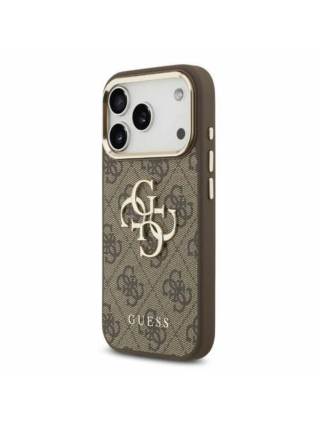 Guess Guess PU Leather 4G Metal Logo Gold Frame Hátlap iPhone 17 Pro-hoz Brown