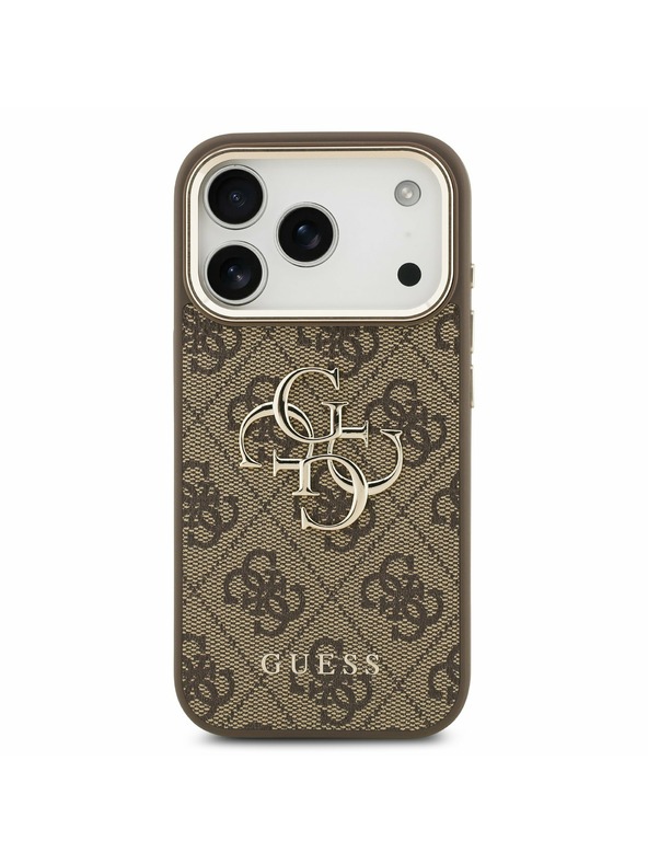 Guess Guess PU Leather 4G Metal Logo Gold Frame Hátlap iPhone 17 Pro-hoz Brown