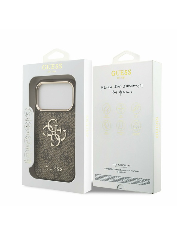 Guess Guess PU Leather 4G Metal Logo Gold Frame Hátlap iPhone 17 Pro-hoz Brown