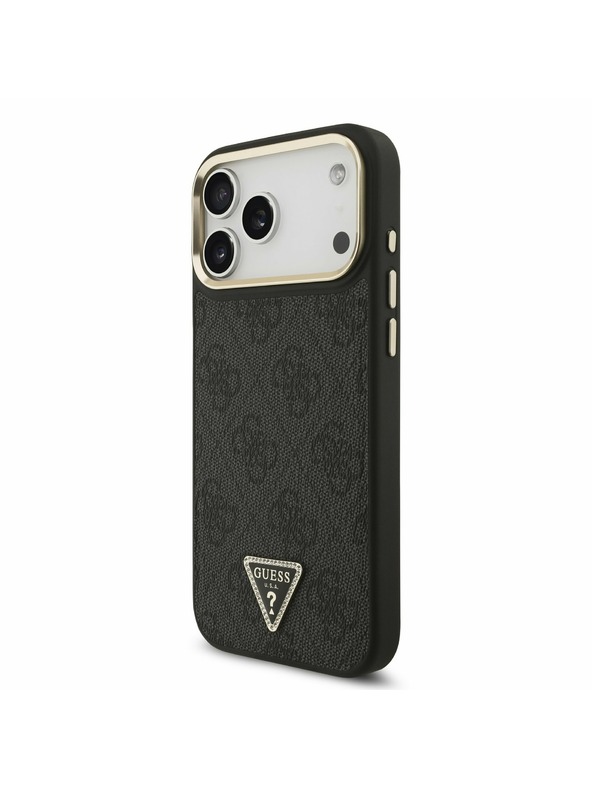 Guess Guess PU Leather 4G Strass Triangle Logo Gold Frame MagSafe Hátlap iPhone 17 Pro Max-hoz Black