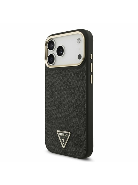 Guess Guess PU Leather 4G Strass Triangle Logo Gold Frame MagSafe Hátlap iPhone 17 Pro Max-hoz Black