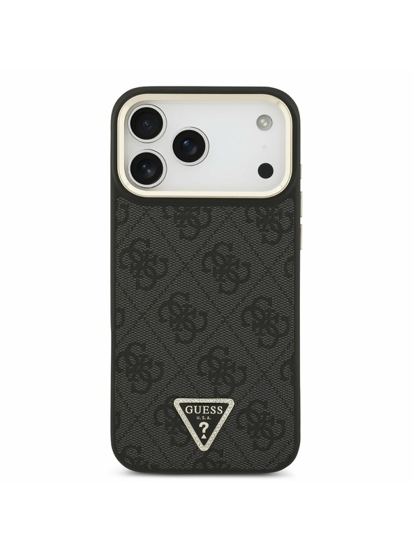Guess Guess PU Leather 4G Strass Triangle Logo Gold Frame MagSafe Hátlap iPhone 17 Pro Max-hoz Black