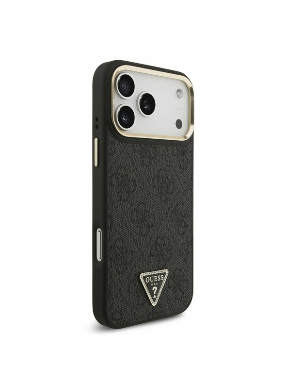 Guess Guess PU Leather 4G Strass Triangle Logo Gold Frame MagSafe Hátlap iPhone 17 Pro Max-hoz Black
