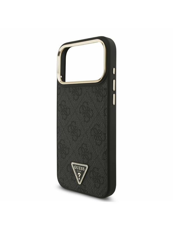 Guess Guess PU Leather 4G Strass Triangle Logo Gold Frame MagSafe Hátlap iPhone 17 Pro Max-hoz Black