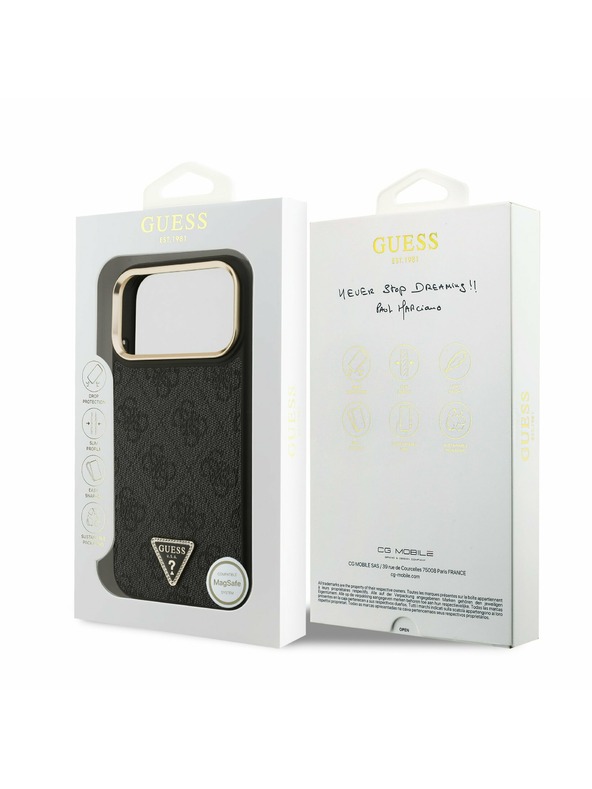 Guess Guess PU Leather 4G Strass Triangle Logo Gold Frame MagSafe Hátlap iPhone 17 Pro Max-hoz Black