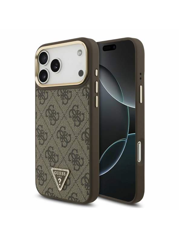 Guess Guess PU Leather 4G Strass Triangle Logo Gold Frame MagSafe Hátlap iPhone 17 Pro Max-hoz Brown