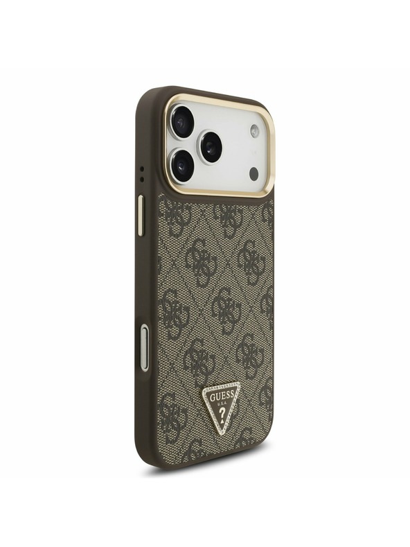 Guess Guess PU Leather 4G Strass Triangle Logo Gold Frame MagSafe Hátlap iPhone 17 Pro Max-hoz Brown