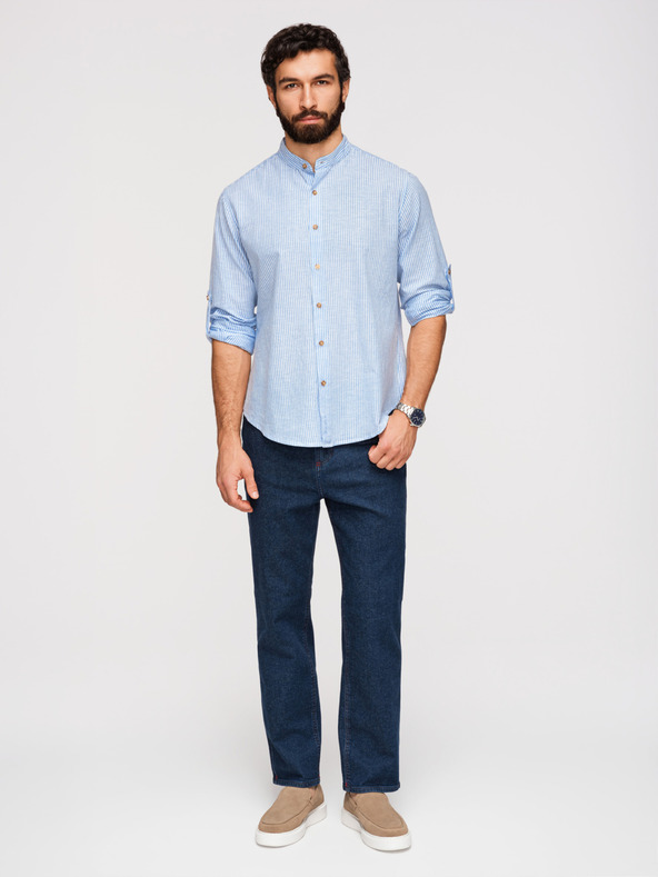 Ombre Clothing Férfi csíkos lenvászon ing álló gallérral - fehér és kék V2 OM-SHCS-0189 Ombre Clothing