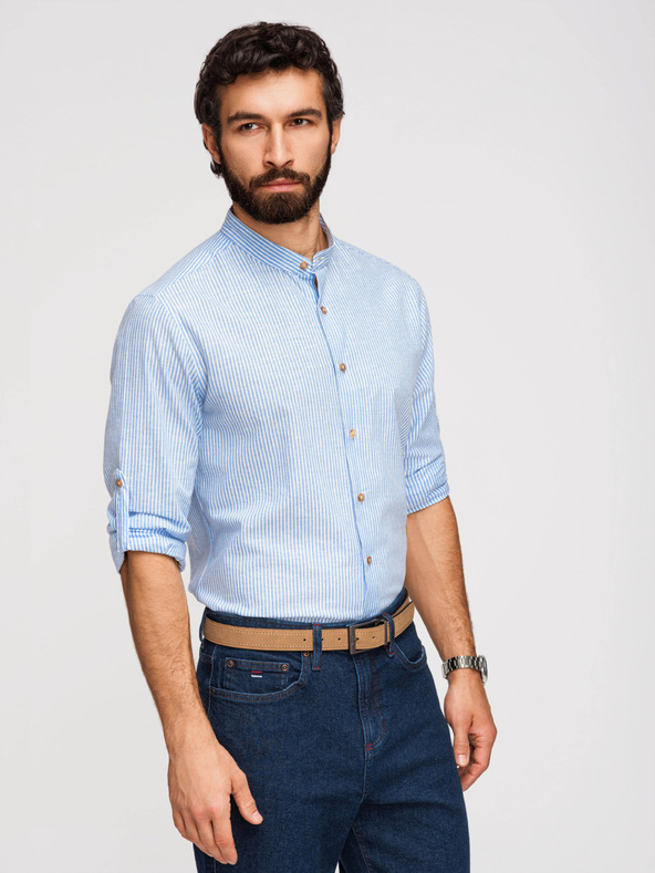 Ombre Clothing Férfi csíkos lenvászon ing álló gallérral - fehér és kék V2 OM-SHCS-0189 Ombre Clothing