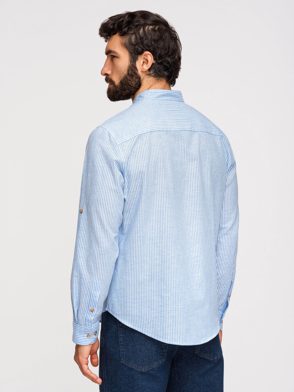 Ombre Clothing Férfi csíkos lenvászon ing álló gallérral - fehér és kék V2 OM-SHCS-0189 Ombre Clothing