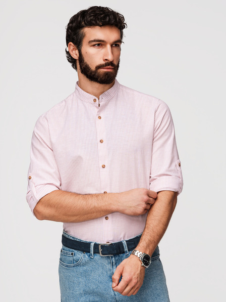 Ombre Clothing Férfi csíkos lenvászon ing álló gallérral - fehér és rózsaszín V3 OM-SHCS-0189 Ombre Clothing