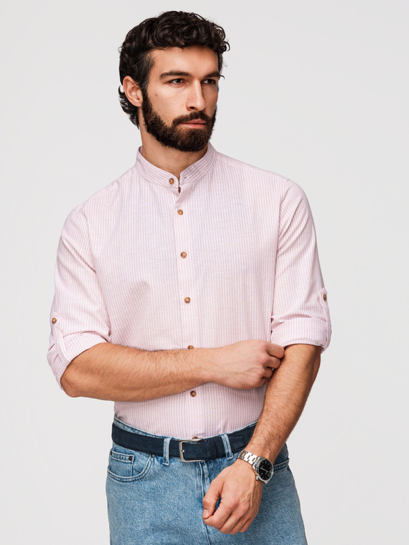 Ombre Clothing Férfi csíkos lenvászon ing álló gallérral - fehér és rózsaszín V3 OM-SHCS-0189 Ombre Clothing