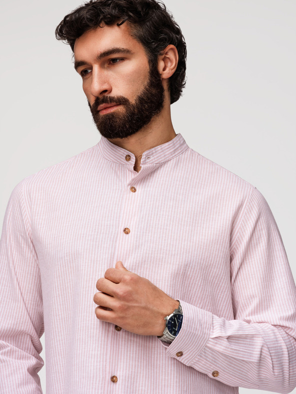 Ombre Clothing Férfi csíkos lenvászon ing álló gallérral - fehér és rózsaszín V3 OM-SHCS-0189 Ombre Clothing