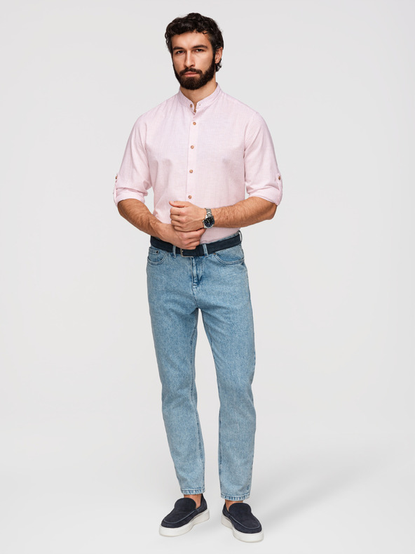 Ombre Clothing Férfi csíkos lenvászon ing álló gallérral - fehér és rózsaszín V3 OM-SHCS-0189 Ombre Clothing