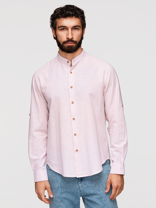 Ombre Clothing Férfi csíkos lenvászon ing álló gallérral - fehér és rózsaszín V3 OM-SHCS-0189 Ombre Clothing