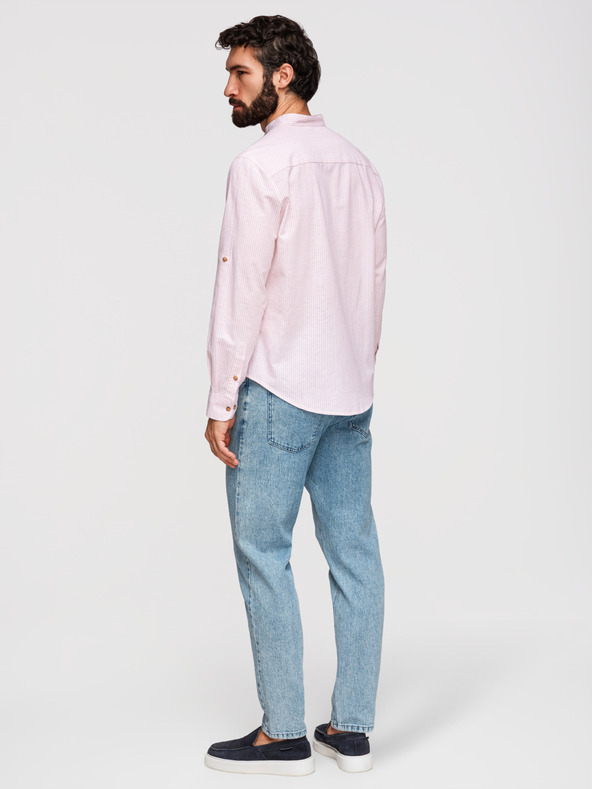 Ombre Clothing Férfi csíkos lenvászon ing álló gallérral - fehér és rózsaszín V3 OM-SHCS-0189 Ombre Clothing