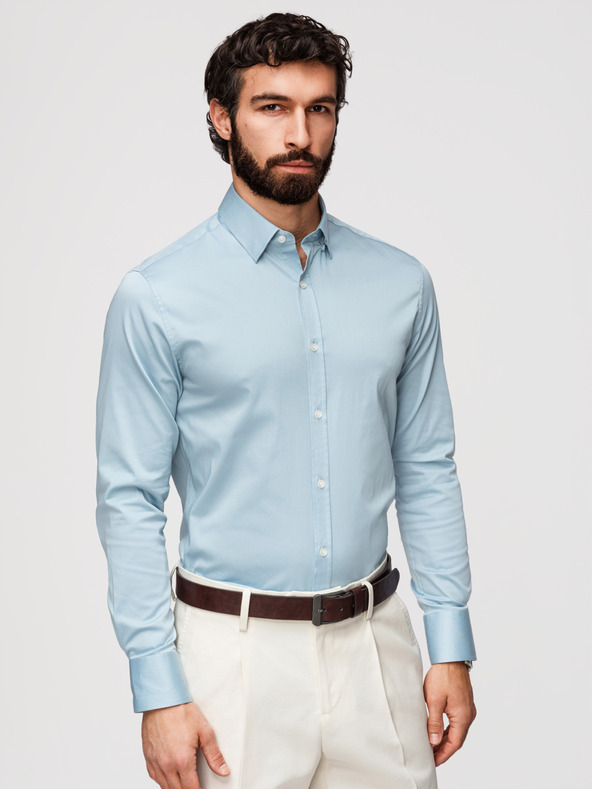 Ombre Clothing Férfi klasszikus SLIM FIT ing szatén szövetből - kék V2 OM-SHOS-0211 Ombre Clothing