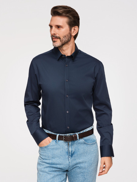 Ombre Clothing Férfi klasszikus SLIM FIT ing szatén szövetből - sötétkék V3 OM-SHOS-0211 Ombre Clothing
