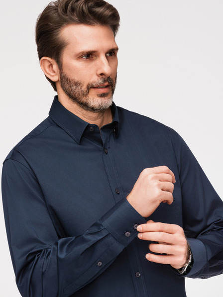 Ombre Clothing Férfi klasszikus SLIM FIT ing szatén szövetből - sötétkék V3 OM-SHOS-0211 Ombre Clothing