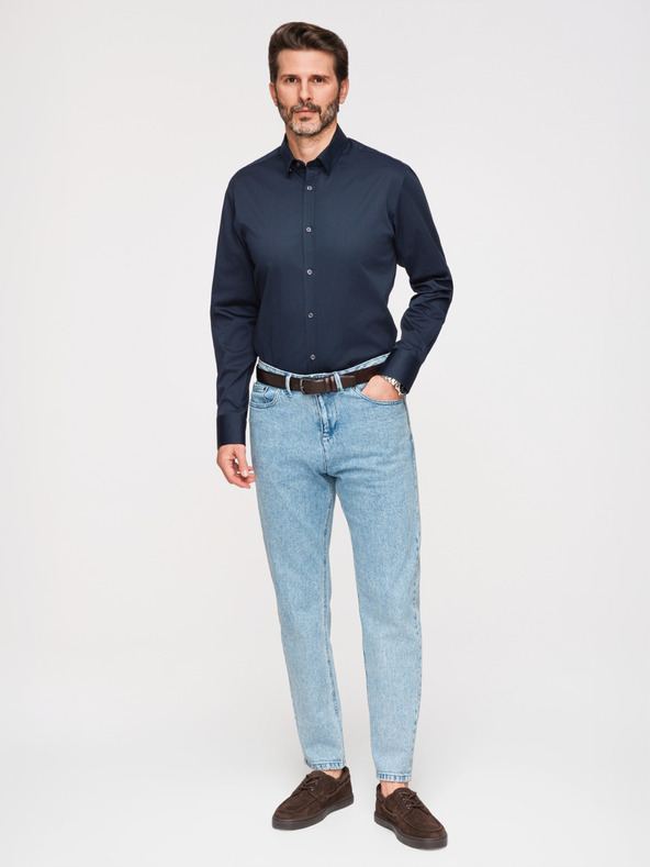 Ombre Clothing Férfi klasszikus SLIM FIT ing szatén szövetből - sötétkék V3 OM-SHOS-0211 Ombre Clothing