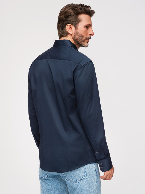 Ombre Clothing Férfi klasszikus SLIM FIT ing szatén szövetből - sötétkék V3 OM-SHOS-0211 Ombre Clothing