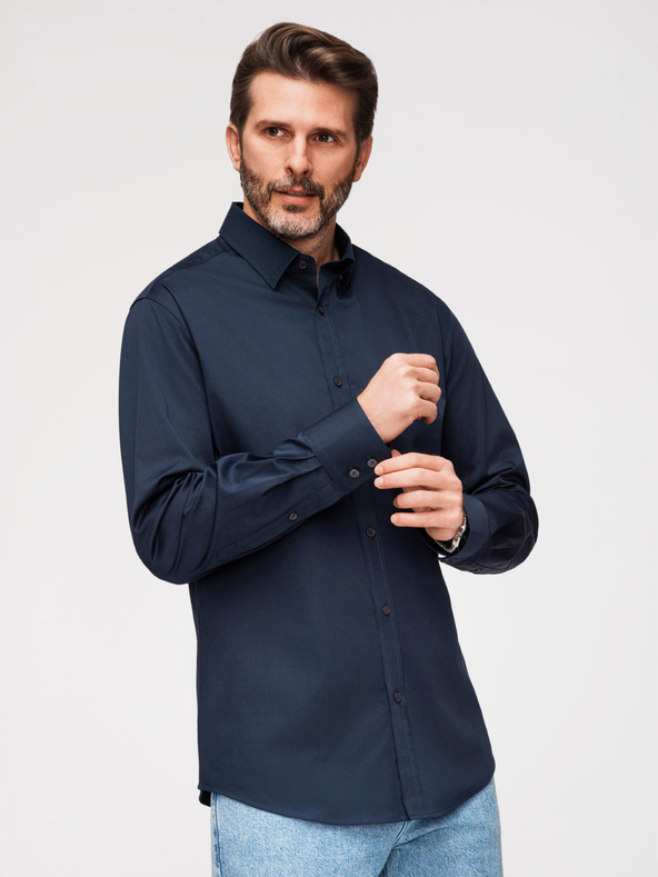 Ombre Clothing Férfi klasszikus SLIM FIT ing szatén szövetből - sötétkék V3 OM-SHOS-0211 Ombre Clothing