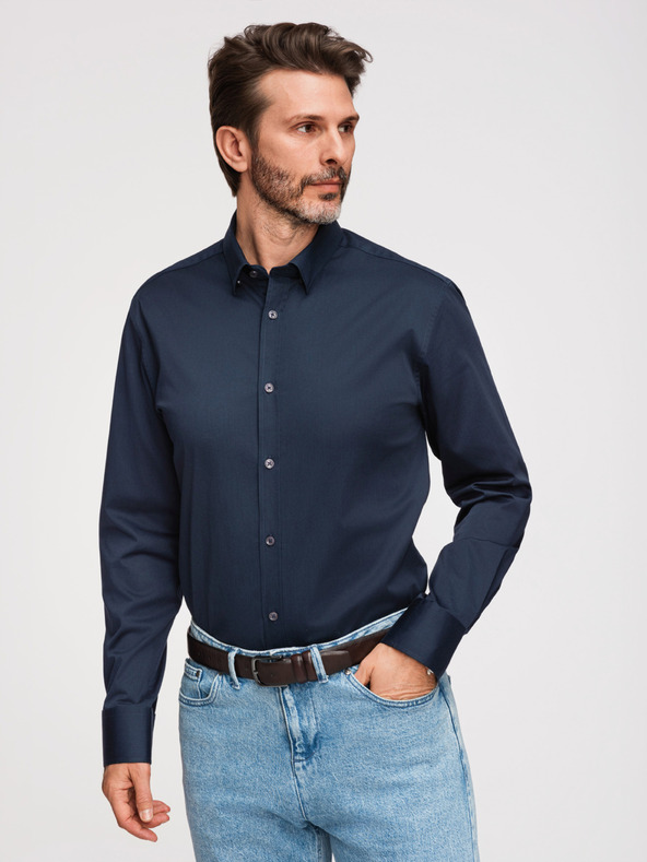 Ombre Clothing Férfi klasszikus SLIM FIT ing szatén szövetből - sötétkék V3 OM-SHOS-0211 Ombre Clothing