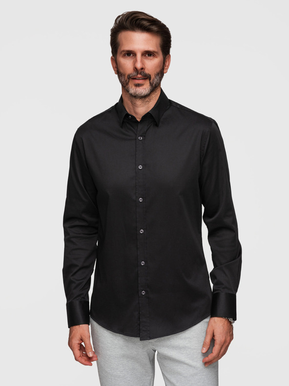 Ombre Clothing Klasszikus férfi SLIM FIT ing szatén szövetből - fekete V4 OM-SHOS-0211 Ombre Clothing