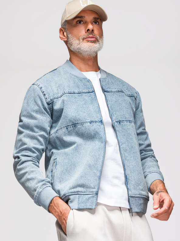 Ombre Clothing Férfi denim bomberdzseki kőmosás hatású - világoskék V3 OM-JADJ-0163 Ombre Ruházat