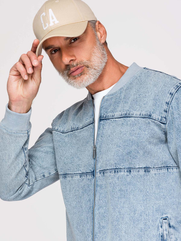 Ombre Clothing Férfi denim bomberdzseki kőmosás hatású - világoskék V3 OM-JADJ-0163 Ombre Ruházat