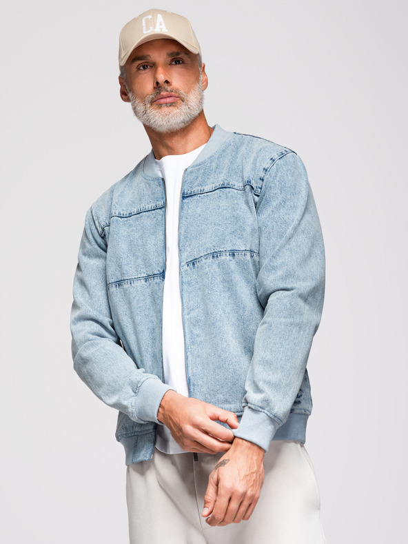 Ombre Clothing Férfi denim bomberdzseki kőmosás hatású - világoskék V3 OM-JADJ-0163 Ombre Ruházat